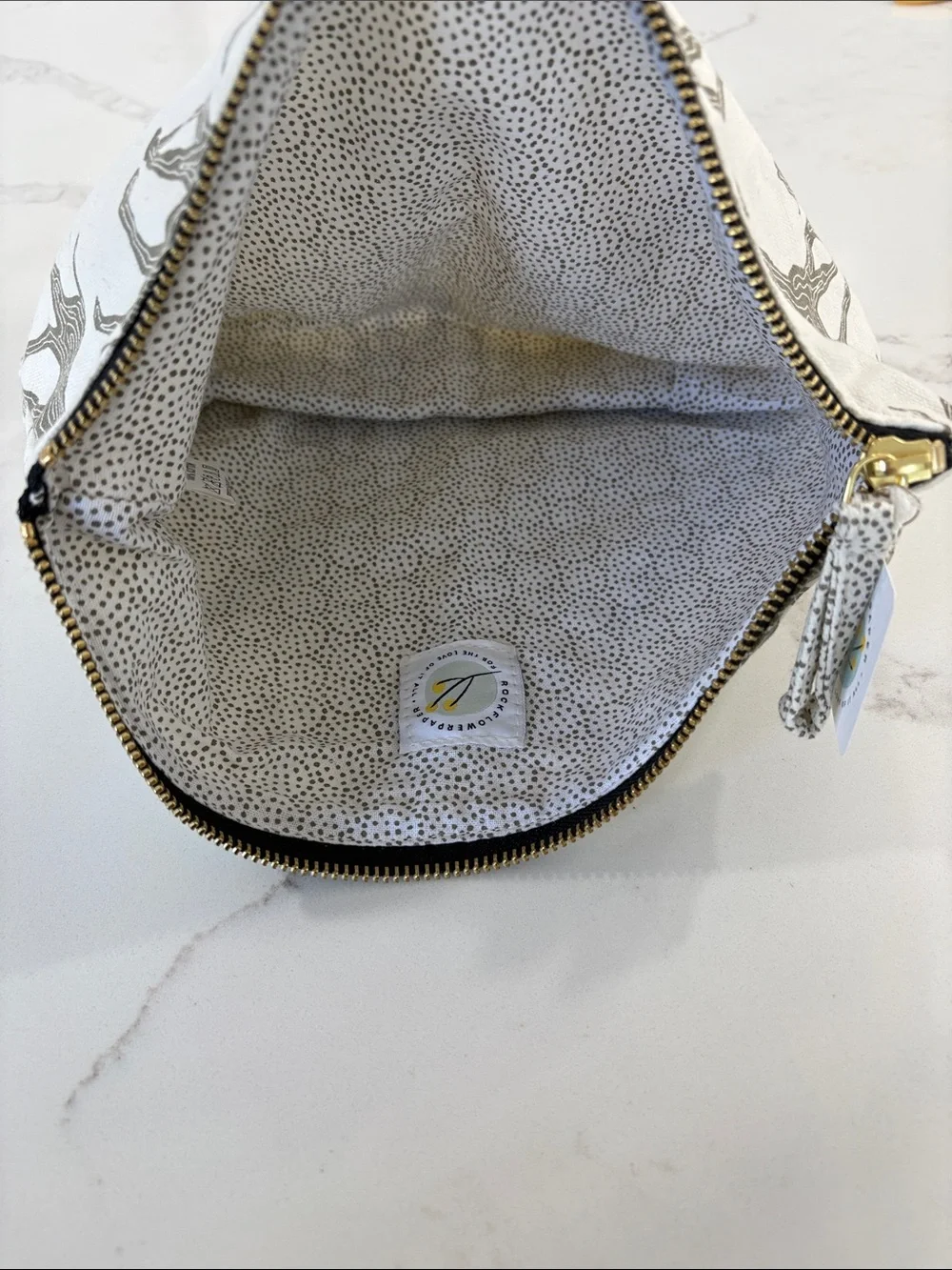 Rock Flower Paper Ivory White Grey Giraffe Print Canvas Large Pouch Cosmetic Bag